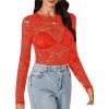 imageLYANER Womens Sexy Mesh Top Floral Long Sleeve See Through Shirt Lace Sheer BlousesRed