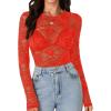 imageLYANER Womens Sexy Mesh Top Floral Long Sleeve See Through Shirt Lace Sheer BlousesRed