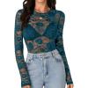 imageLYANER Womens Sexy Mesh Top Floral Long Sleeve See Through Shirt Lace Sheer BlousesTeal Blue