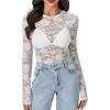 imageLYANER Womens Sexy Mesh Top Floral Long Sleeve See Through Shirt Lace Sheer BlousesWhite
