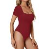 imageLYANER Womens Square Neck Bodysuit Short Sleeve Sexy Slim Fit Shirt Leotard TopBurgundy