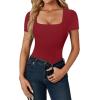 imageLYANER Womens Square Neck Bodysuit Short Sleeve Sexy Slim Fit Shirt Leotard TopBurgundy