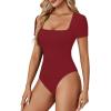imageLYANER Womens Square Neck Bodysuit Short Sleeve Sexy Slim Fit Shirt Leotard TopBurgundy