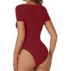 imageLYANER Womens Square Neck Bodysuit Short Sleeve Sexy Slim Fit Shirt Leotard TopBurgundy