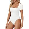 imageLYANER Womens Square Neck Bodysuit Short Sleeve Sexy Slim Fit Shirt Leotard TopWhite