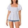 imageLYANER Womens Square Neck Smocked Peplum Top Ruffle Short Sleeve Babydoll Shirred BlouseFloral Light Blue