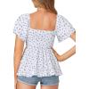 imageLYANER Womens Square Neck Smocked Peplum Top Ruffle Short Sleeve Babydoll Shirred BlouseFloral Light Blue