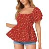 imageLYANER Womens Square Neck Smocked Peplum Top Ruffle Short Sleeve Babydoll Shirred BlouseFloral Red