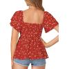 imageLYANER Womens Square Neck Smocked Peplum Top Ruffle Short Sleeve Babydoll Shirred BlouseFloral Red