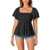imageLYANER Womens Square Neck Smocked Peplum Top Ruffle Short Sleeve Babydoll Shirred BlousePolka Dots Black