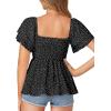imageLYANER Womens Square Neck Smocked Peplum Top Ruffle Short Sleeve Babydoll Shirred BlousePolka Dots Black