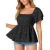 imageLYANER Womens Square Neck Smocked Peplum Top Ruffle Short Sleeve Babydoll Shirred BlousePolka Dots Black