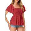 imageLYANER Womens Square Neck Smocked Peplum Top Ruffle Short Sleeve Babydoll Shirred BlousePolka Dots Red
