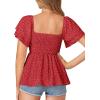 imageLYANER Womens Square Neck Smocked Peplum Top Ruffle Short Sleeve Babydoll Shirred BlousePolka Dots Red