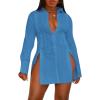 imageLYANER Womens Button Down Shirt Dress Collar V Neck Long Sleeve Slit Sexy Shirt DressesBlue