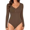 imageLYANER Womens Henley Shirts Long Sleeve Bodysuit V Neck Button Down Body Suit Leotard TopsDark Brown