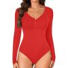 imageLYANER Womens Henley Shirts Long Sleeve Bodysuit V Neck Button Down Body Suit Leotard TopsRed