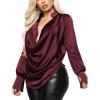 imageLYANER Womens Satin Collar Neck Drape Ruched Front Long Sleeve Blouse Shirt TopBurgundy1