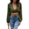 imageLYANER Womens Satin Wrap V Neck Criss Cross Tie Long Sleeve Crop Blouse TopArmy Green