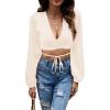 imageLYANER Womens Satin Wrap V Neck Criss Cross Tie Long Sleeve Crop Blouse TopBeige