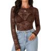 imageLYANER Womens Sexy Mesh Top Floral Long Sleeve See Through Shirt Lace Sheer BlousesDark Brown