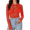 imageLYANER Womens Sexy Mesh Top Floral Long Sleeve See Through Shirt Lace Sheer BlousesRed