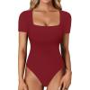 imageLYANER Womens Square Neck Bodysuit Short Sleeve Sexy Slim Fit Shirt Leotard TopBurgundy