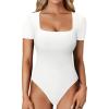 imageLYANER Womens Square Neck Bodysuit Short Sleeve Sexy Slim Fit Shirt Leotard TopWhite