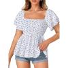 imageLYANER Womens Square Neck Smocked Peplum Top Ruffle Short Sleeve Babydoll Shirred BlouseFloral Light Blue