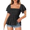 imageLYANER Womens Square Neck Smocked Peplum Top Ruffle Short Sleeve Babydoll Shirred BlousePolka Dots Black