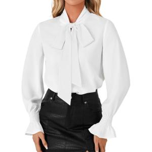 imageLYANER Womens Bow Tie Front Smocked Long Sleeve Blouse Elegant Office Shirt TopWhite