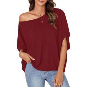 imageLYANER Womens Casual Loose Off Shoulder Batwing Half Sleeve Blouse Shirt Tunic TopBurgundy