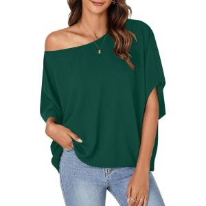imageLYANER Womens Casual Loose Off Shoulder Batwing Half Sleeve Blouse Shirt Tunic TopDark Green