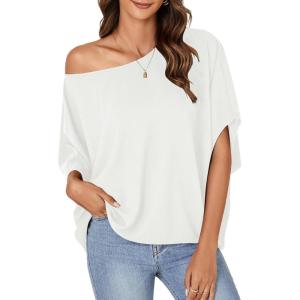 imageLYANER Womens Casual Loose Off Shoulder Batwing Half Sleeve Blouse Shirt Tunic TopWhite