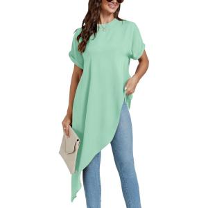 imageLYANER Womens Casual Mock Neck Short Sleeve Irregular Hem Loose Blouse Long Shirt TopLight Green