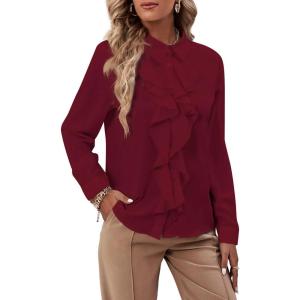 imageLYANER Womens Collar Neck Button Down Ruffle Front Long Sleeve Blouse Shirt TopBurgundy
