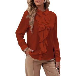 imageLYANER Womens Collar Neck Button Down Ruffle Front Long Sleeve Blouse Shirt TopCamel