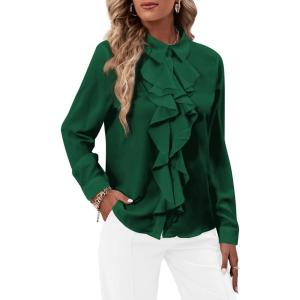 imageLYANER Womens Collar Neck Button Down Ruffle Front Long Sleeve Blouse Shirt TopDark Green