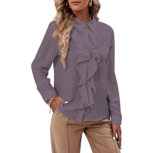 imageLYANER Womens Collar Neck Button Down Ruffle Front Long Sleeve Blouse Shirt TopDusty Purple
