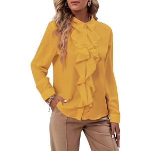 imageLYANER Womens Collar Neck Button Down Ruffle Front Long Sleeve Blouse Shirt TopGinge