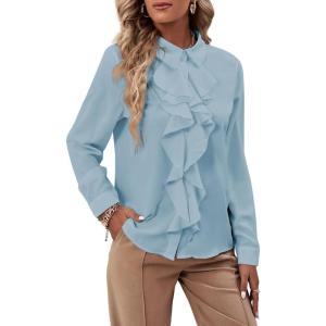 imageLYANER Womens Collar Neck Button Down Ruffle Front Long Sleeve Blouse Shirt TopLight Blue