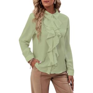 imageLYANER Womens Collar Neck Button Down Ruffle Front Long Sleeve Blouse Shirt TopLight Green