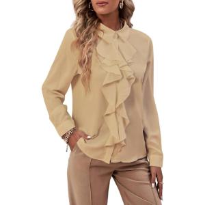 imageLYANER Womens Collar Neck Button Down Ruffle Front Long Sleeve Blouse Shirt TopLight Khaki