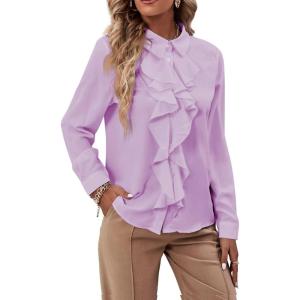 imageLYANER Womens Collar Neck Button Down Ruffle Front Long Sleeve Blouse Shirt TopLight Purple