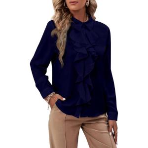 imageLYANER Womens Collar Neck Button Down Ruffle Front Long Sleeve Blouse Shirt TopNavy Blue