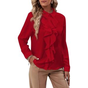 imageLYANER Womens Collar Neck Button Down Ruffle Front Long Sleeve Blouse Shirt TopRed