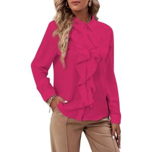 imageLYANER Womens Collar Neck Button Down Ruffle Front Long Sleeve Blouse Shirt TopRose