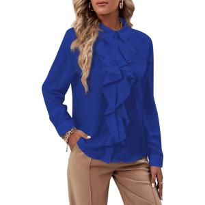 imageLYANER Womens Collar Neck Button Down Ruffle Front Long Sleeve Blouse Shirt TopRoyal Blue