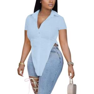 imageLYANER Womens Collar V Neck Button Front Short Sleeve Slit Hem Long Shirt Blouse TopSky Blue