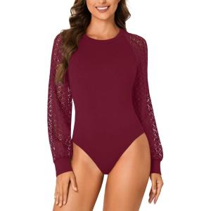 imageLYANER Womens Crew Neck Bodysuit Lace Hollow Out Long Sleeve Slim Fit Stretchy Leotards TopsBurgundy